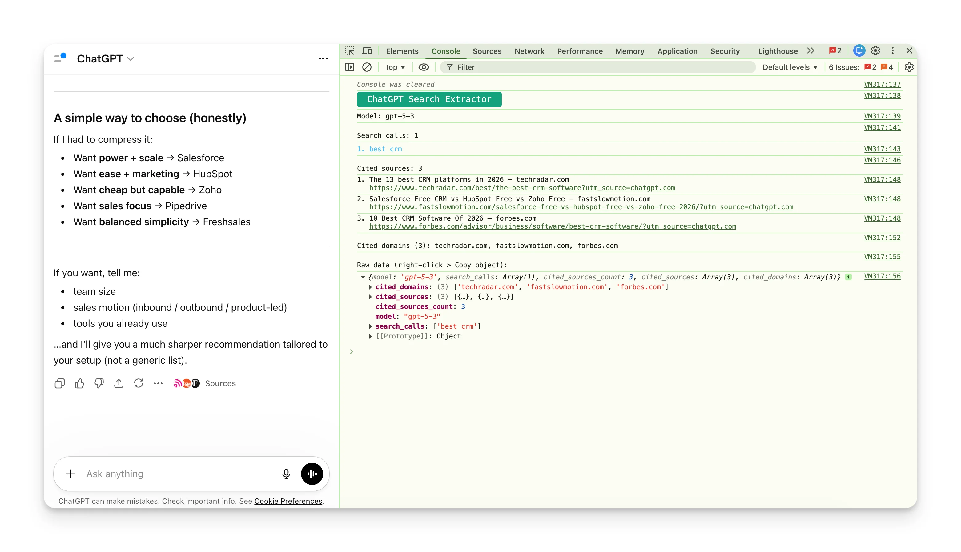 Browser DevTools attempt to intercept ChatGPT search queries