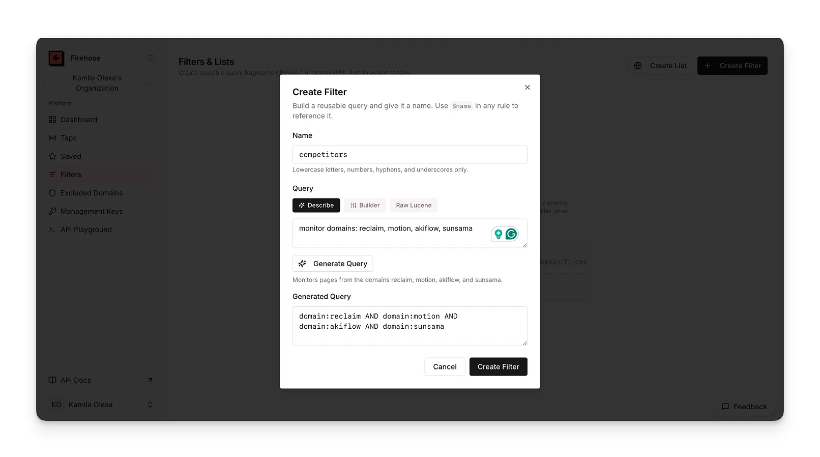 Firehose filter creation UI, reusable queries for competitor domains