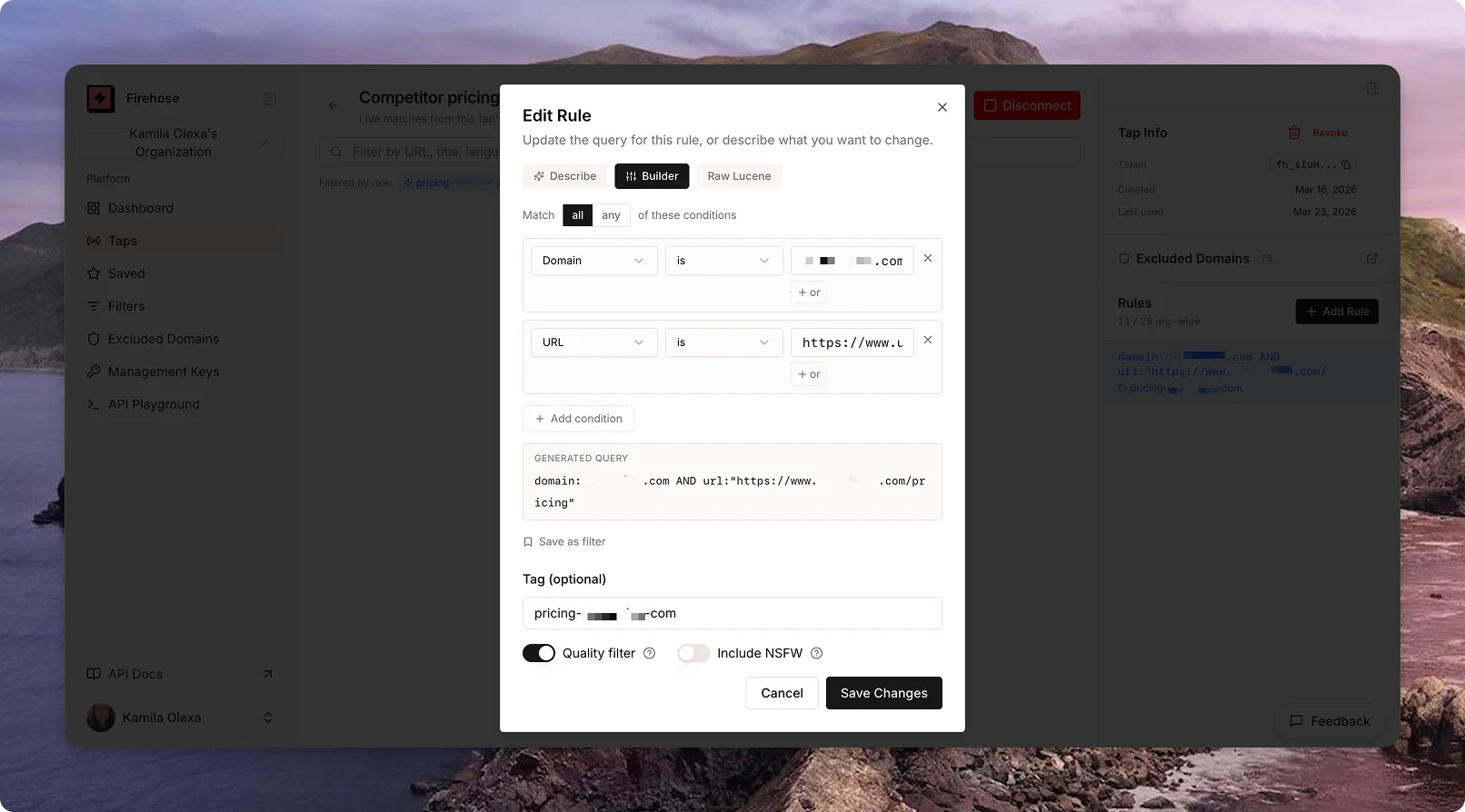 Firehose rules for monitoring competitor pricing pages