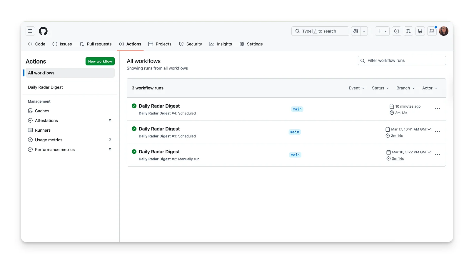 GitHub Actions, Daily Radar Digest running on schedule