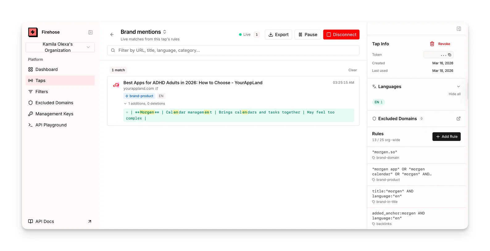 Firehose live match, brand mention detected on YourAppLand