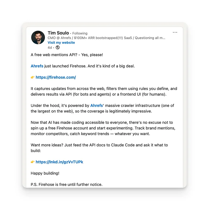 Tim Soulo announcing Ahrefs Firehose on LinkedIn