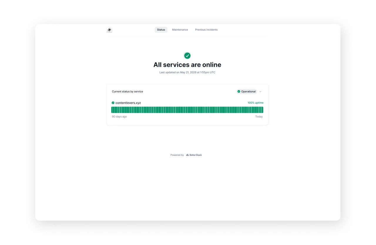 Better Stack status page with "Powered by Better Stack" attribution — reached at the exact moment a developer is thinking about reliability