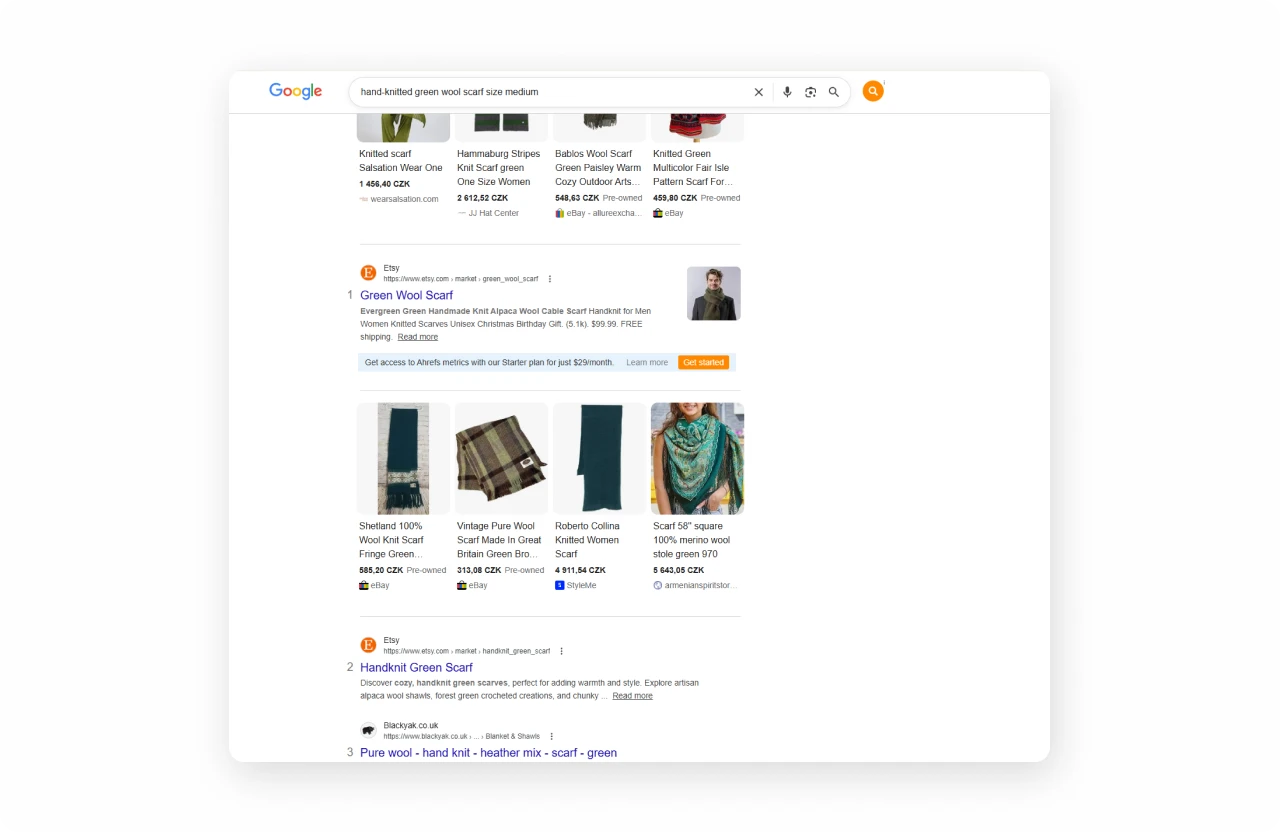 Etsy marketplace — long-tail product listings aggregating into a search surface no individual seller could build