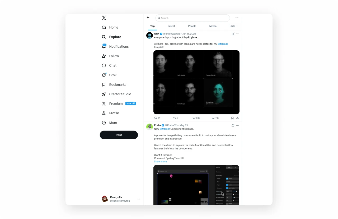 Framer marketplace — creators sharing components and templates on X during trend moments, tagging Framer and linking to their listings