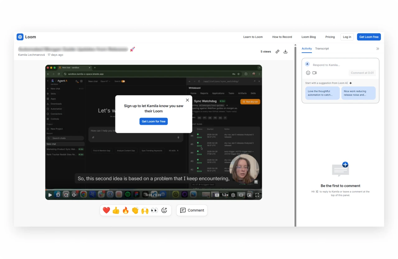Loom video player with Record a video CTA visible to every viewer