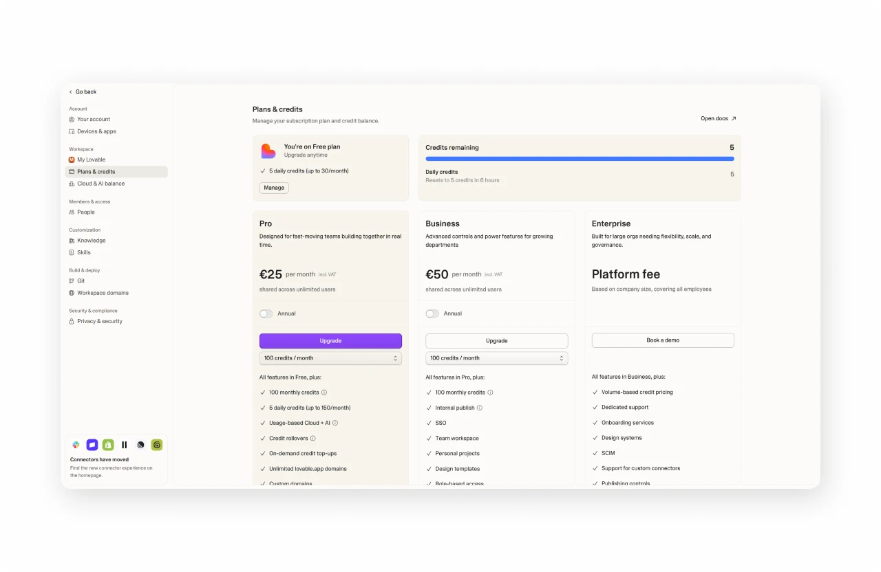 Lovable credit system — daily credits, rollover mechanics, and top-ups each targeting a different churn moment