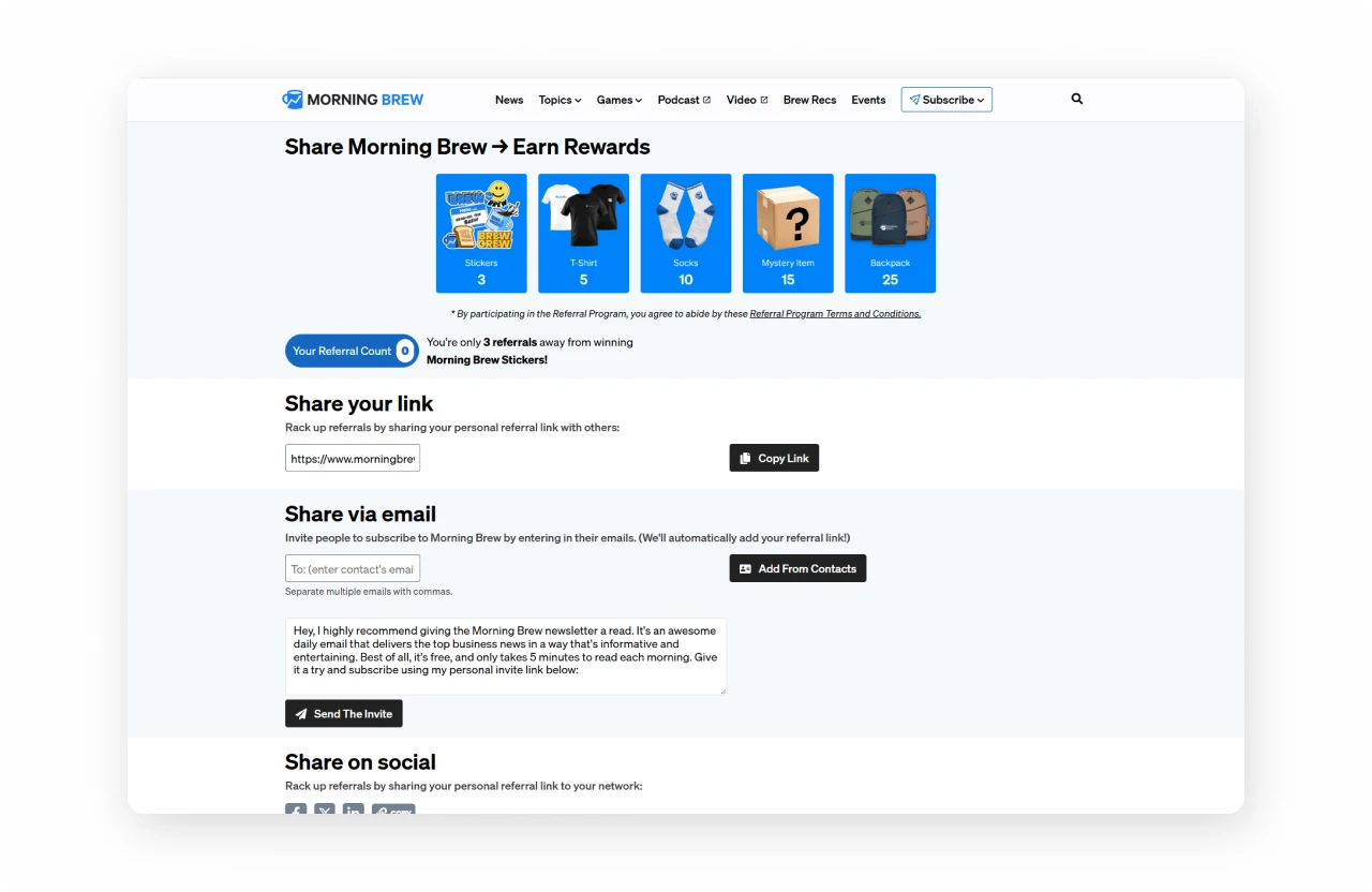 Morning Brew referral reward tiers — escalating physical merchandise turning readers into distributors