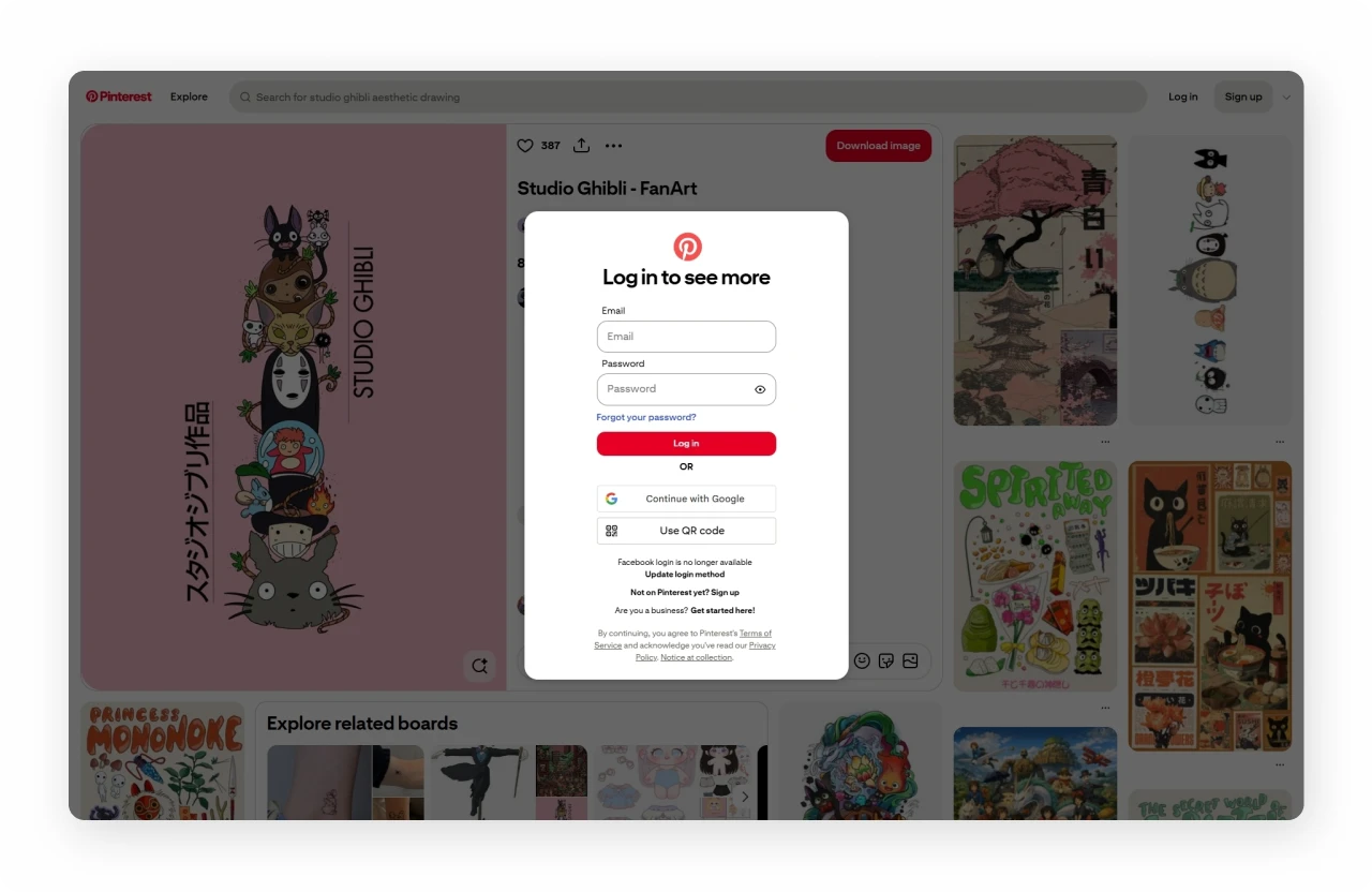 Pinterest board discoverable via search, participation gated behind sign-up