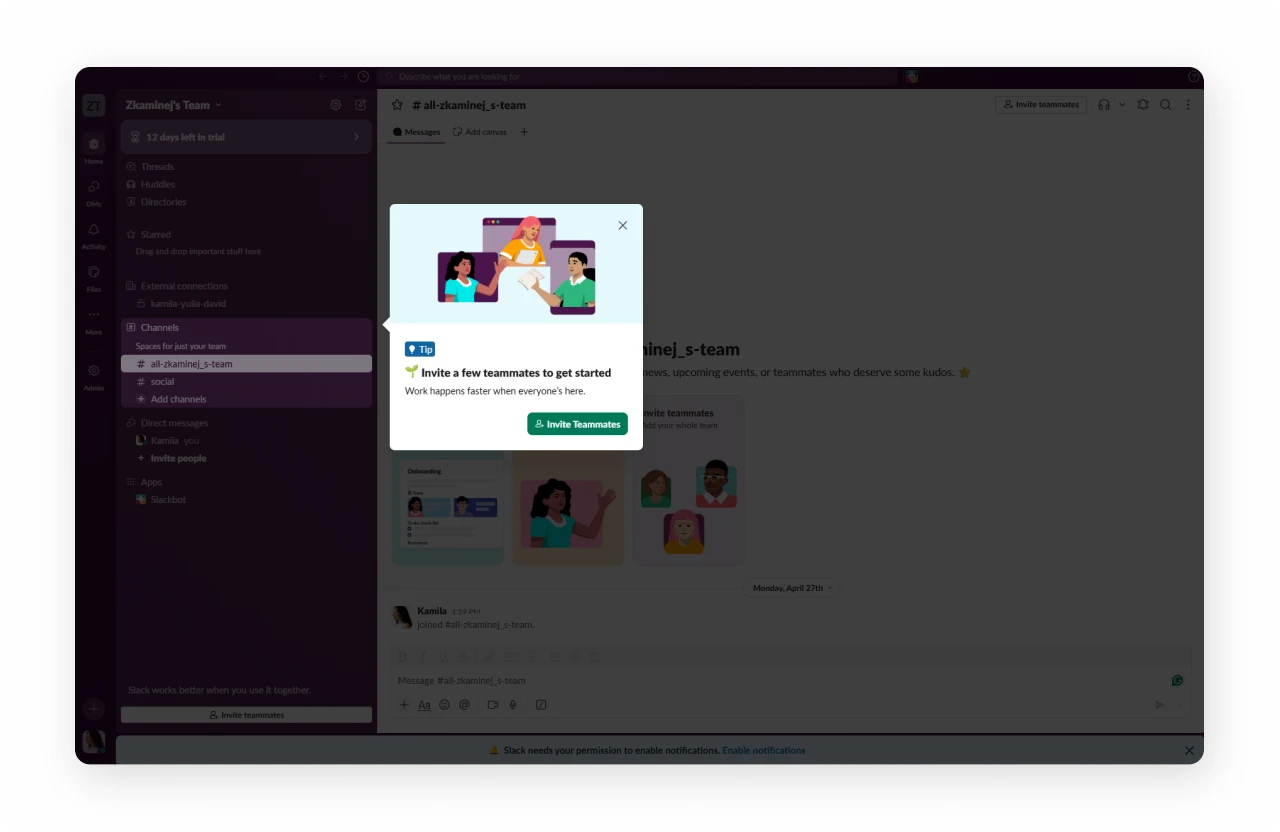 Slack workspace — domain-based join and shared channels extending the loop to external orgs