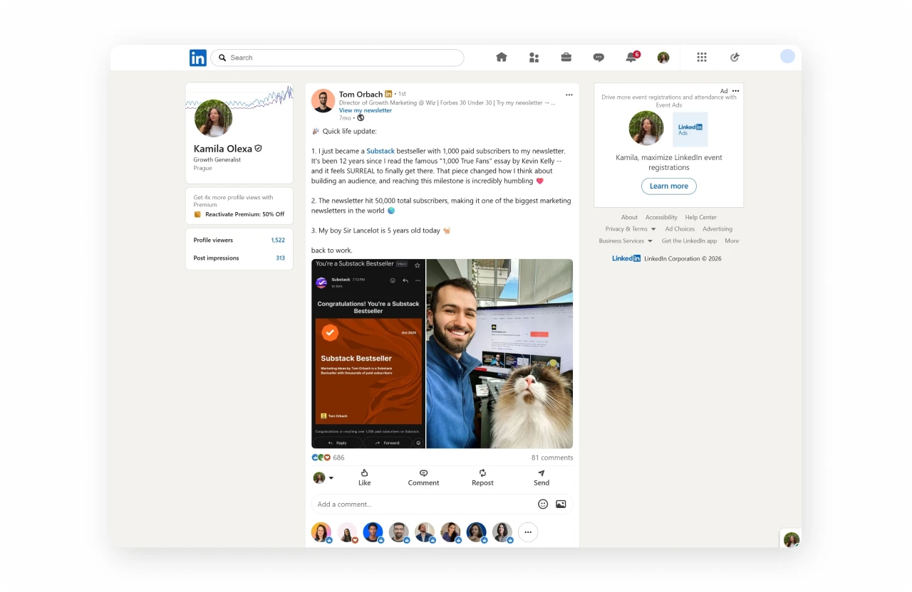 Substack newsletter page — subscriber count and paid tier visible to every visitor