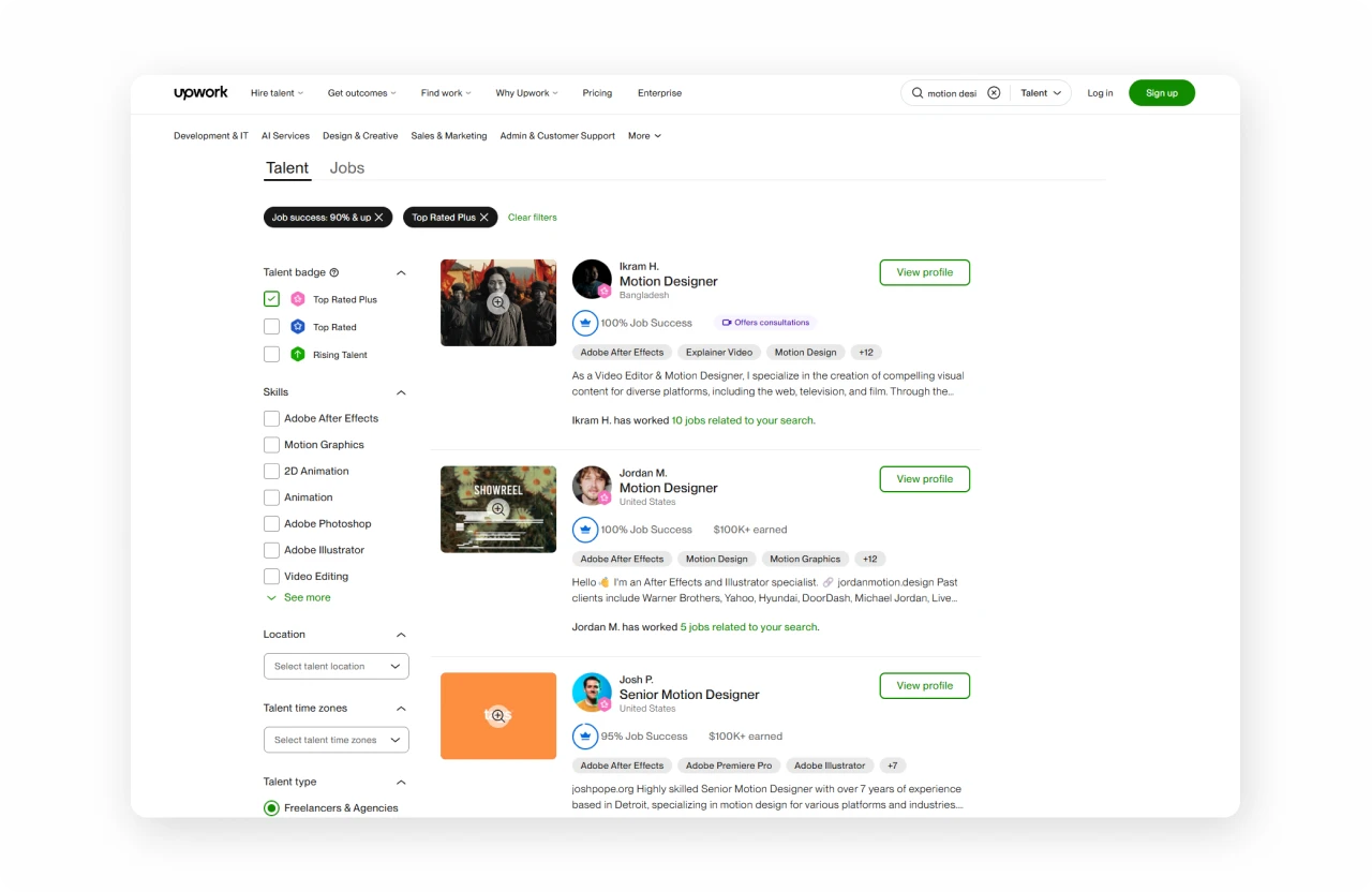 Upwork Job Success Score on a freelancer profile — the quality metric that drives placement, invites, and behavioral compliance
