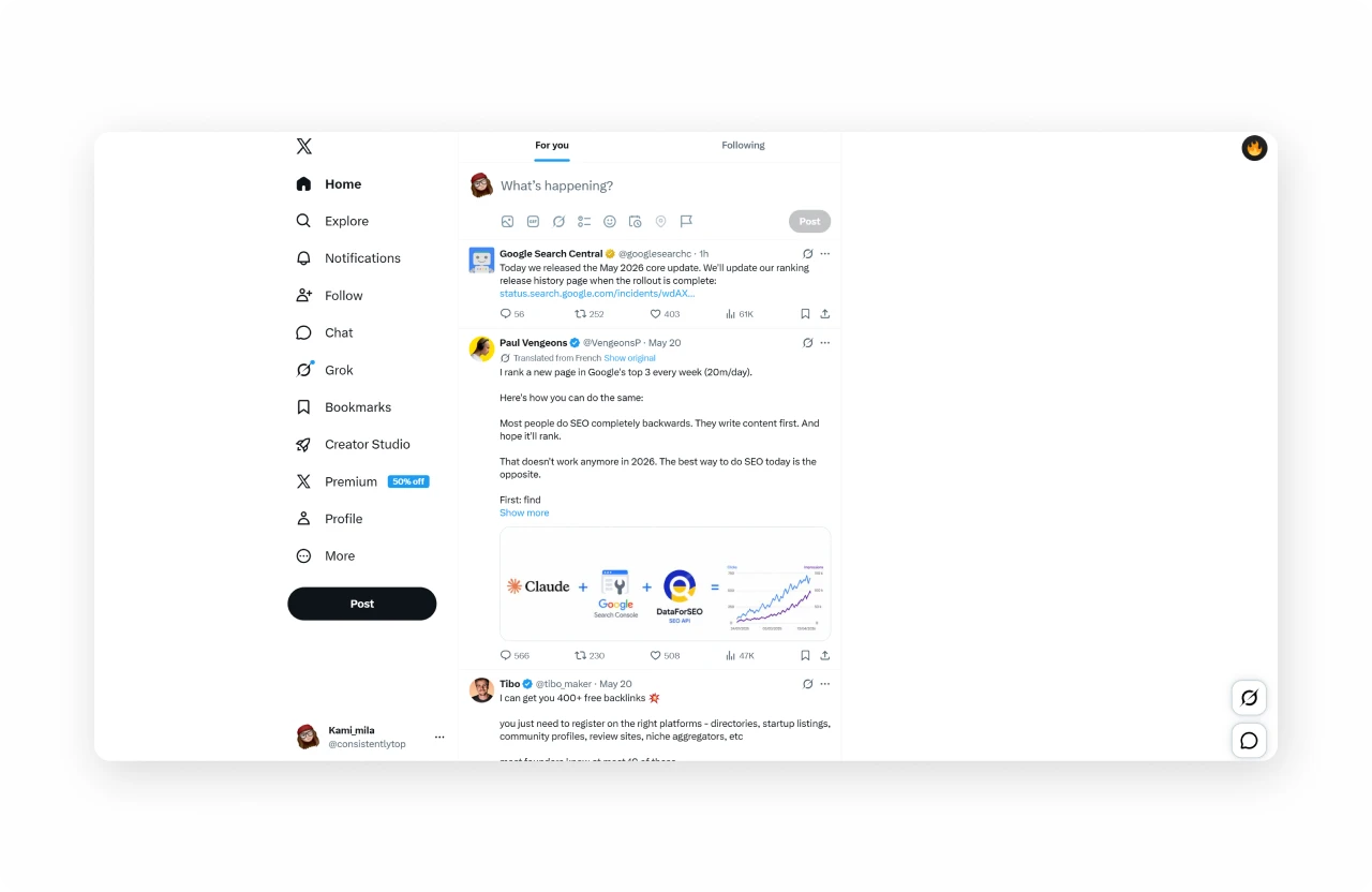 X algorithmic feed — calibrated to two years of engagement history, the switching cost is losing a tuned information diet
