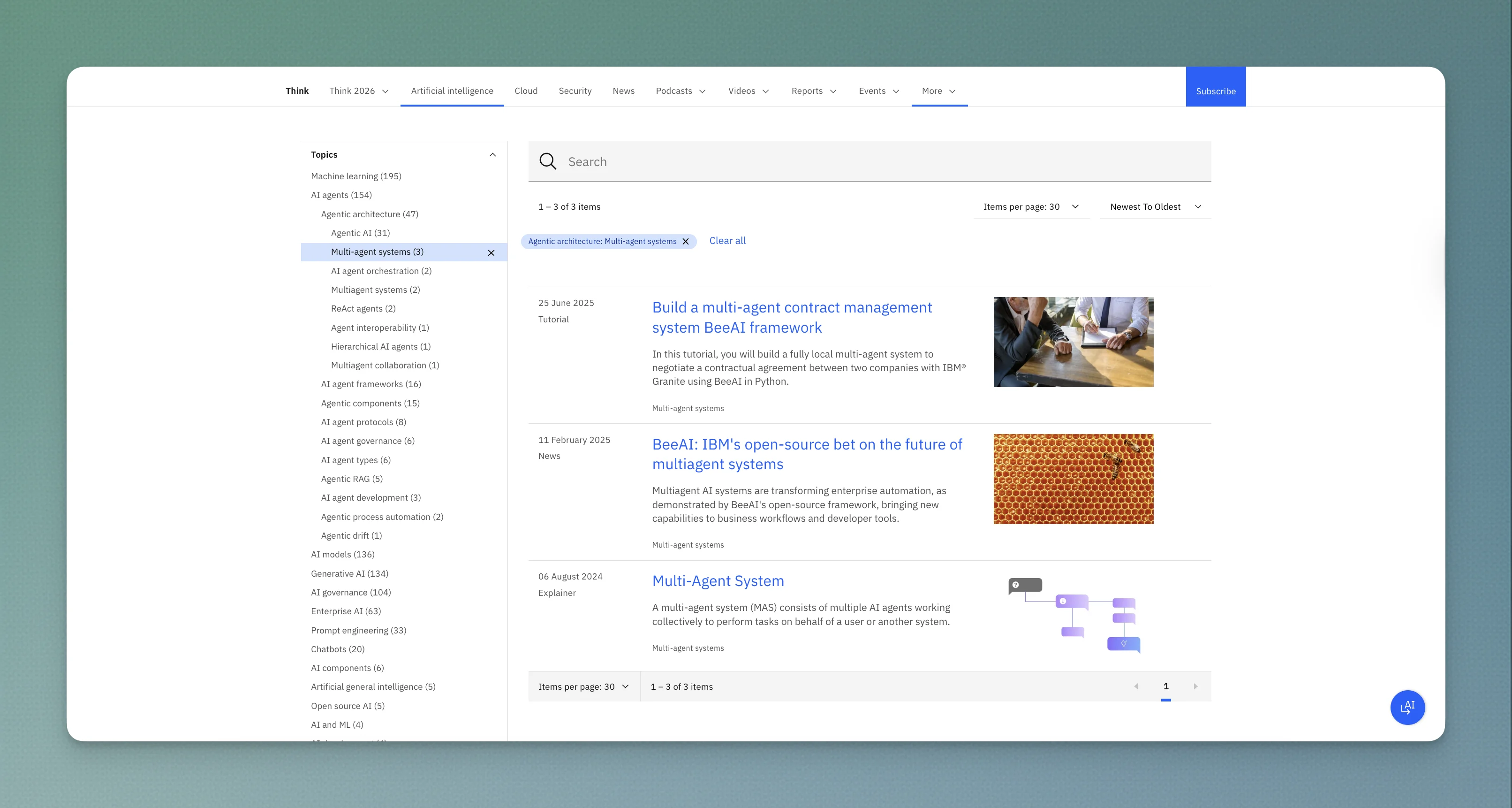 IBM topic structure showing subtopics inside the AI hub