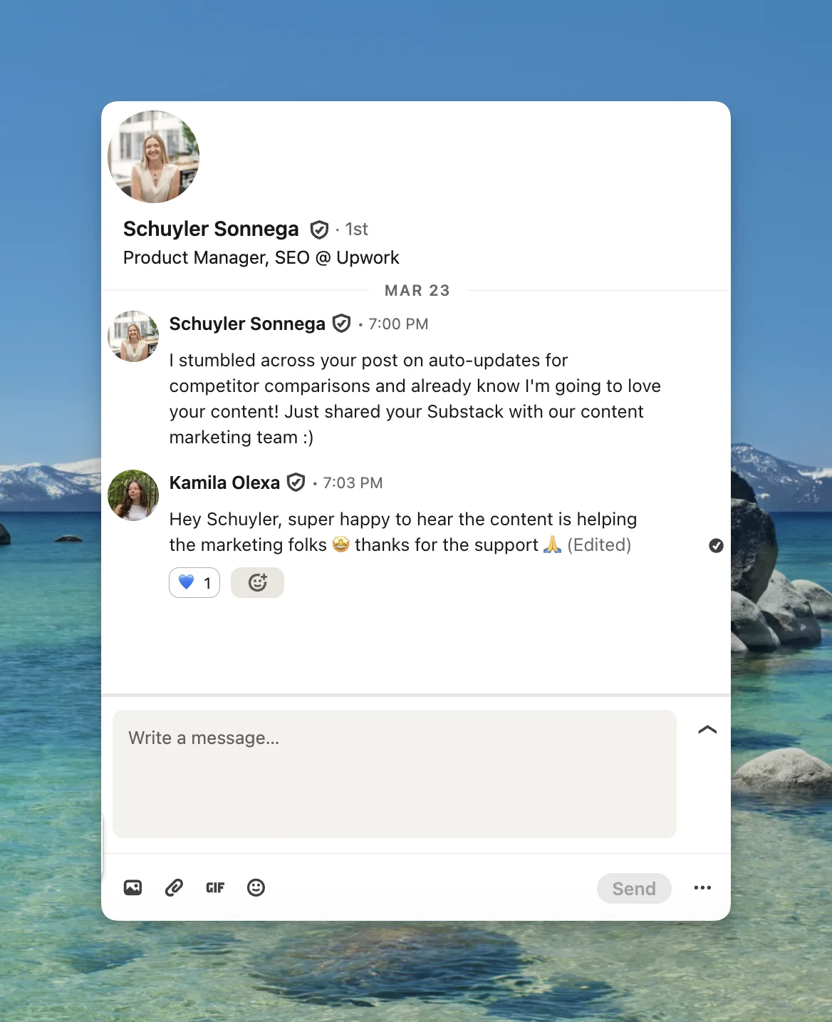 LinkedIn DM sharing the newsletter with their content marketing team